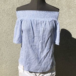 Off the shoulder blue and white striped blouse